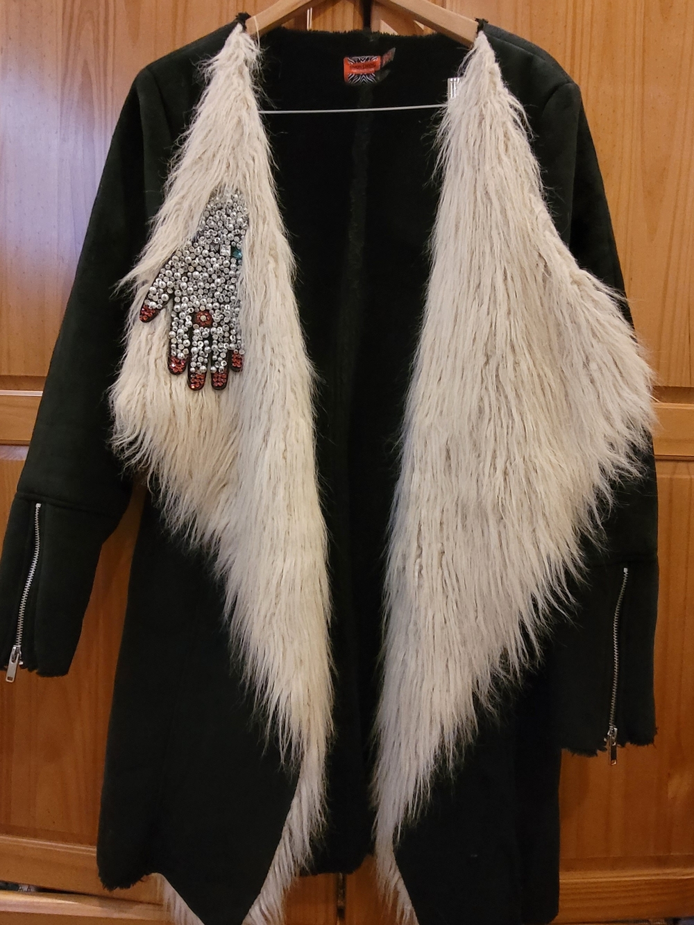 Simon Chang Black Coat with Ivory Faux-Fur Drape and Jeweled Hand Accent
